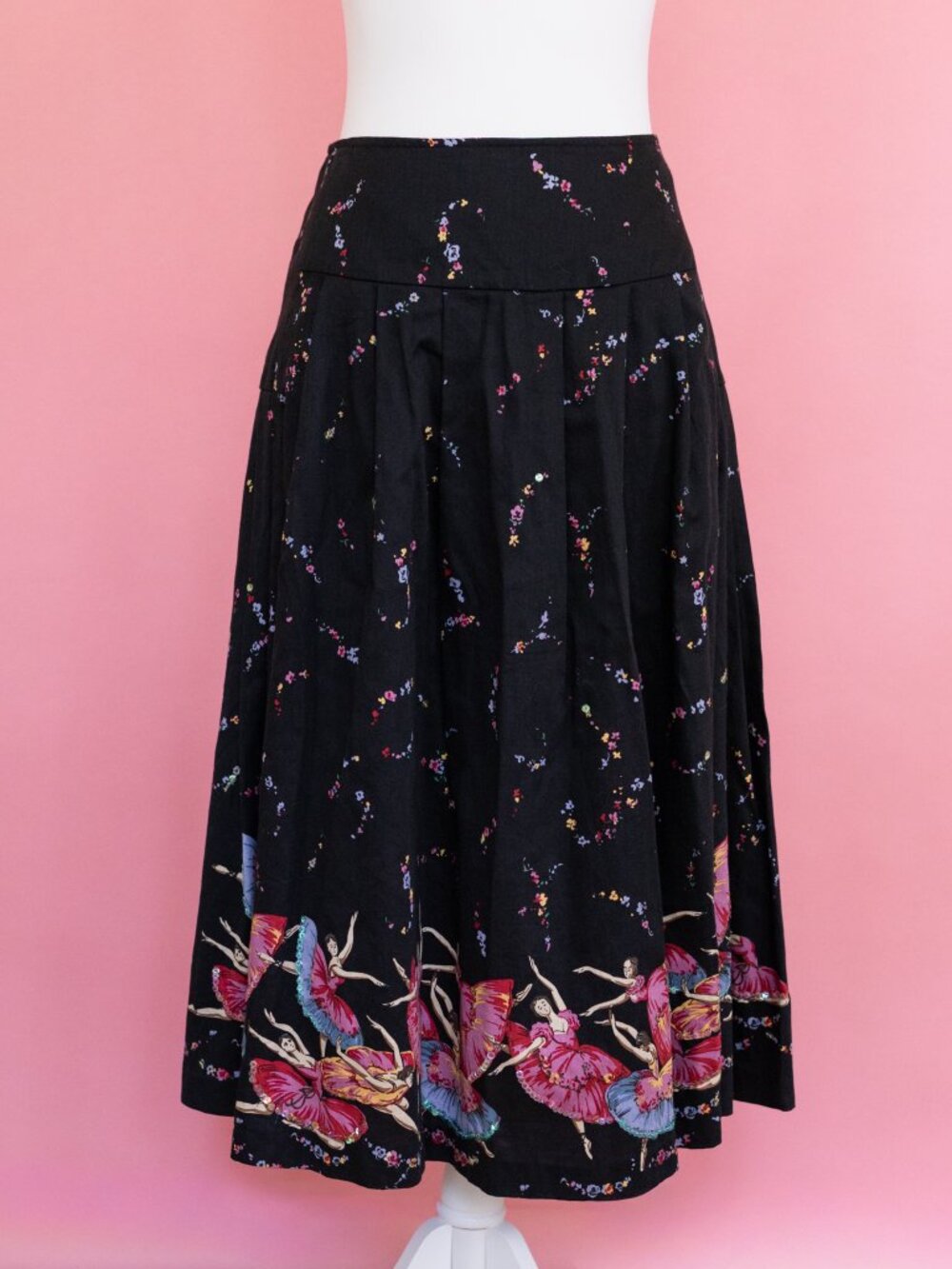 Willi Smith Ballet Pleated Skirt 10 Black Midi 100% Cotton Dancer  Retro Sequin